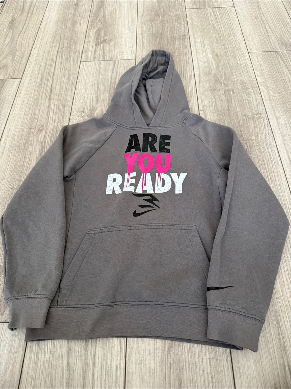 Nike Boys Gray Hoodie 'ARE YOU READY' Graphic sweatshirt gray/pink Medium